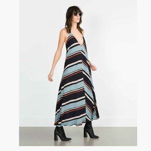 ZARA Women Halter NeckStriped Boho Maxi Dress Size M